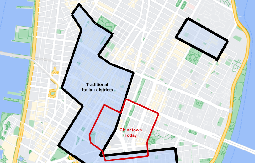 The traditional Italian enclave roughly bordered by the black line, and today’s Chinatown is roughly bordered by the red line.
